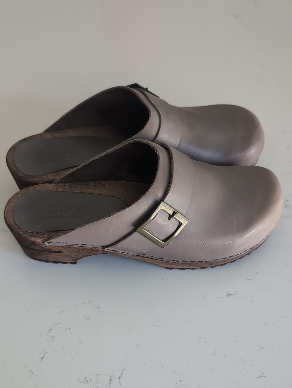 Sanita Taupe Leather Buckle Clog Mule